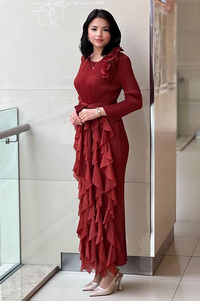 Mahal Ruffled Accordion Dress with Roses on the Shoulder