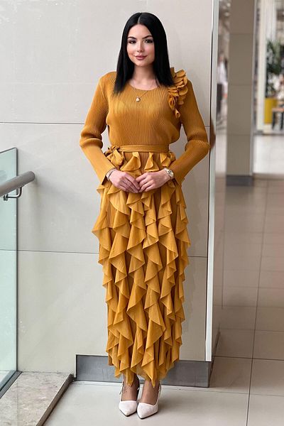 Mahal Ruffled Accordion Dress with Roses on the Shoulder