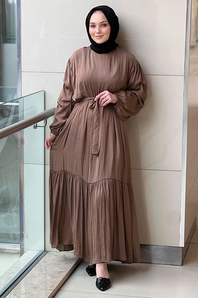 Ceremony Belted Waist and Gathered Sleeves Memol Cupra Dress