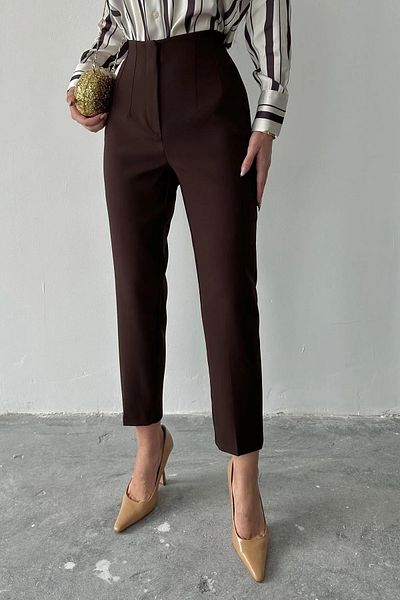 A&O Style Women's Dark Brown Pencil Slimming High Waist Carrot Model Fabric Trousers