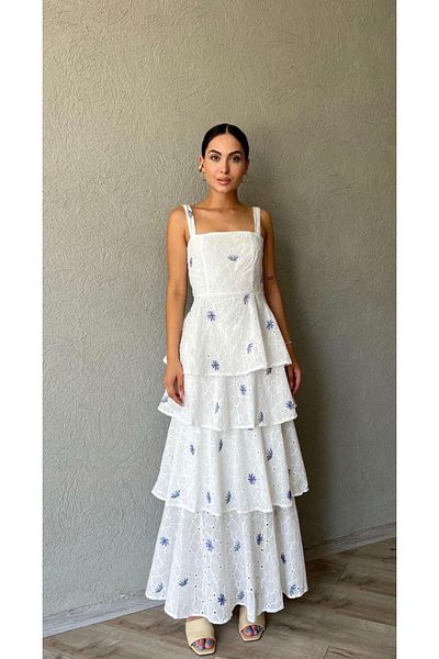 Afiş Butik Purple Patterned Dress with White Fishtail Thick Strap Floor Skirt
