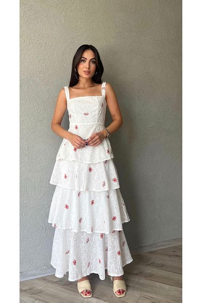 Afiş Butik White Fisto Thick Strap Floor Skirt Red Patterned Dress