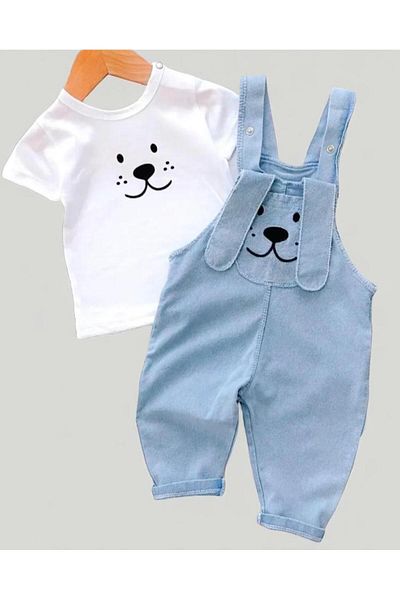 ALTINTAŞ BABY Long Ear Puppy Pocket Knitted Jeans Summer 2-Piece Salopet Set