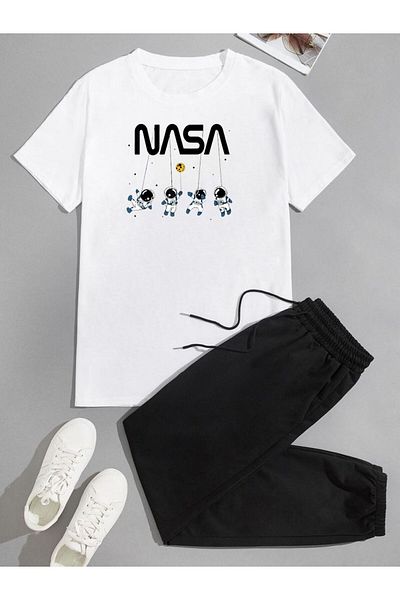 cm buseyiz Tricou de bază cu imprimeu Nasa și pantaloni de jos cu nervuri pentru băieți - Set de sus