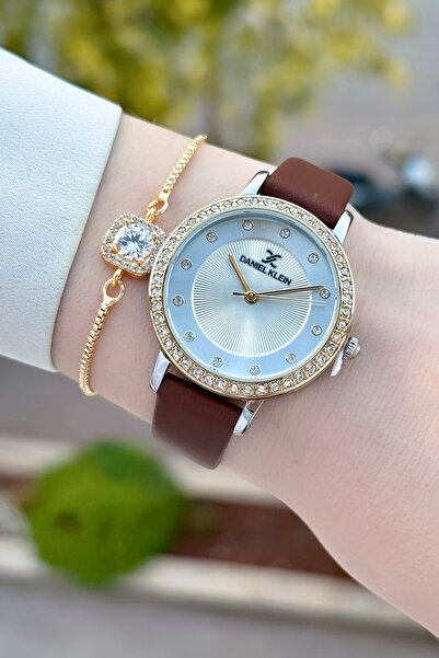 Daniel Klein Kasası Gold Kordonu Kahverengi Renk Deri Kordon Kadın Kol Saati Ve Bileklik