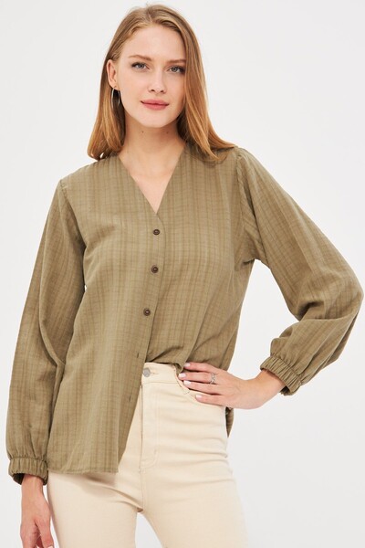 armonika KHaki Colored Women's Shirt - Elastic Sleeve and Wrap DesiGn ARM-24k 001002