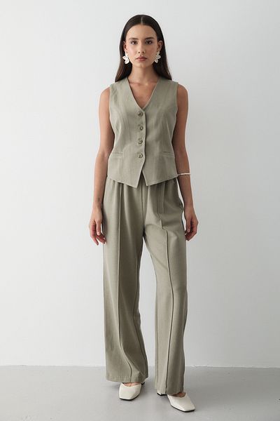 JASTE Women's Buttoned Vest & Palazzo Elastic Waist Trousers Linen Suit