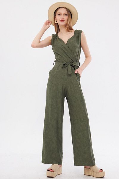 armonika Khaki Colored Women's Jumpsuit - Double Breasted Collar, Shoulder Detail, V Belted, Long ARM-24Y001049