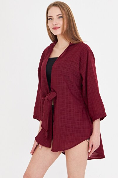 armonika Women's Burgundy Self-Striped Front Tie Kimono Shirt Arm-24Y 001101