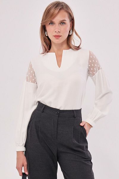 armonika Weiße Ballonbluse aus Tüll mit V-Ausschnitt und Ärmeln für Damen ARM-20K001038