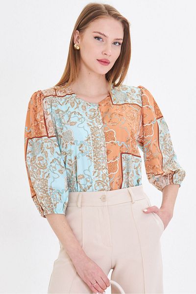 armonika Cămașă cu model cu mâneci sferturi, muștar, cu gâtul rotund, ARM-25Y 001021