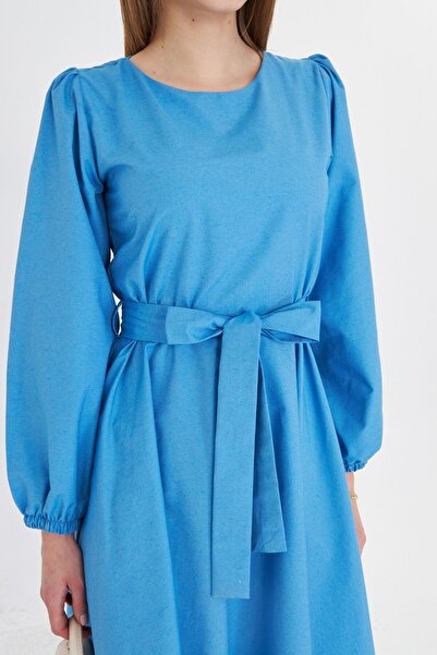 armonika Kadın Buzmavi Sıfır Yaka Arkası Fermuarlı Kuşaklı Uzun Kol Kloş Midi Boy Elbise ARM-25Y001008
