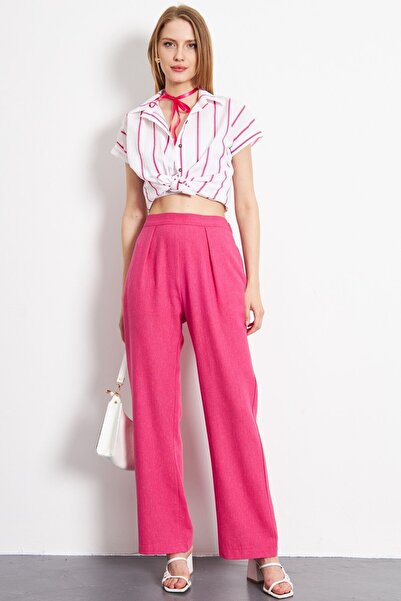 armonika Fuchsia Linen Palazzo Trousers - Pockets, ARM-24Y001070