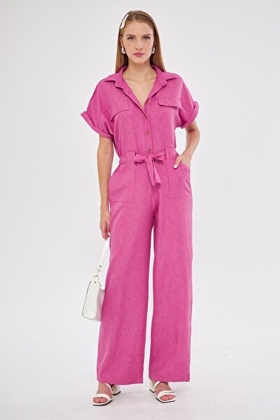 armonika Lilac Women's Palazzo Jumpsuit - Front Button, Waist Belt, Pocket, Bat Sleeve ARM-24Y 001105