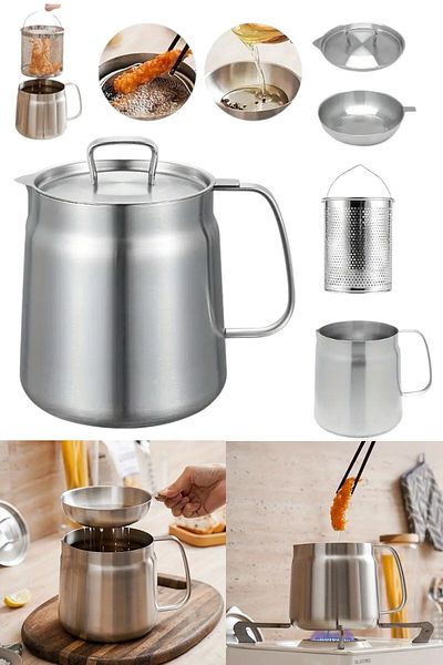 Qerhome Stainless Steel Multifunctional Oil Filter Frying Basket Fryer with Oil Filter Pot and Strainer 2 Lt