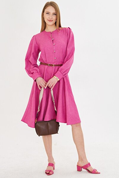 armonika Kadın Fuşya Sıfır Yaka Önden Düğmeli Kolları Manşetli Kemerli Kloş Elbise ARM-25Y001006