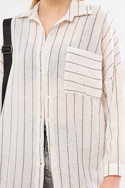 armonika Cămașă oversize cu dungi albe pentru femei - mânecă lungă, buzunar, spate plisat - ARM-24Y001053