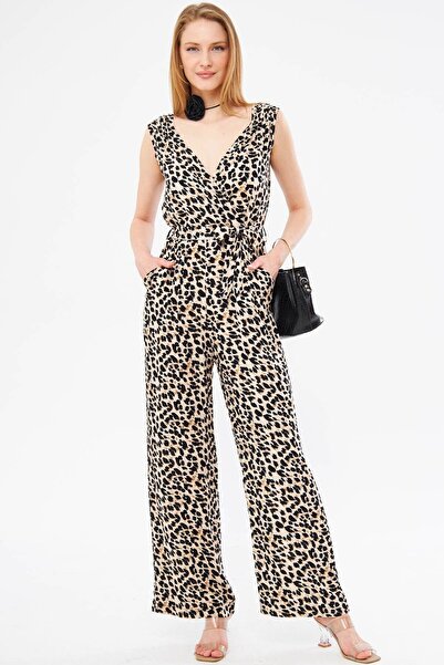 armonika Women's Beige Double Breasted Collar Shoulder Rubber Detailed Back V Belted Long Jumpsuit ARM-24Y001049