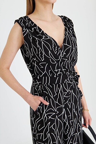 armonika Women's White Double Breasted Collar Shoulder Rubber Detailed Back V Belted Long Jumpsuit Arm-24Y001049