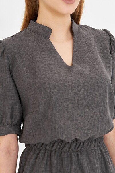 armonika Women's Smoked V Neck Elastic Waist Short Sleeve Flared Dress Arm-25Y 001001