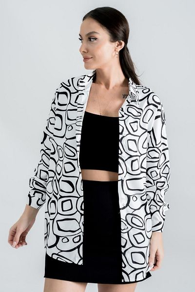 armonika Cămașă de bază lungă oversize cu model alb-negru pentru femei ARM-22Y001148