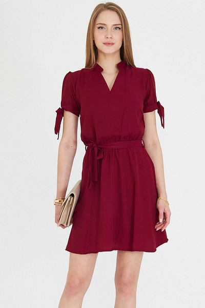 armonika Women's Burgundy Judge Collar Sleeve Tie-Up Elastic Waist Belt Short Dress Arm-23Y 001088