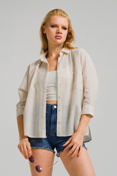 armonika Women's Ecru Pocket Casual Linen Shirt ARM-21Y001035