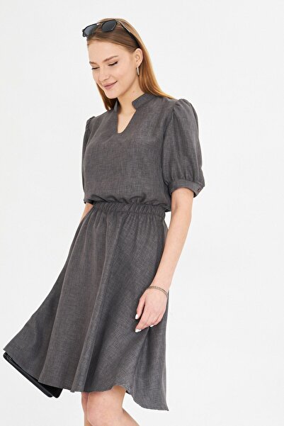 armonika Women's Smoked V Neck Elastic Waist Short Sleeve Flared Dress Arm-25Y 001001