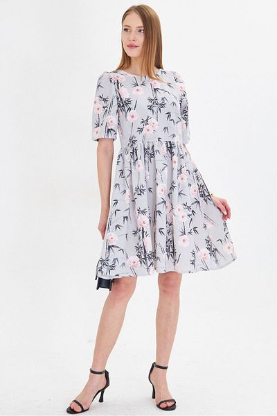 armonika Women's Gray Crew Neck Back Zipper Watermelon Sleeve Waist Drawstring Dress Arm-25Y 001009