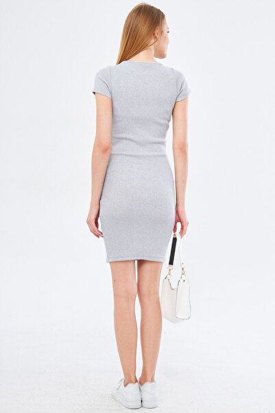 armonika Women's Gray Collar Windowed Short Sleeve Dress ARM-24Y133008