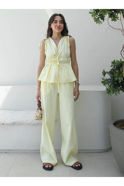 My Blog Yellow 100% Cotton Shoulder Waist Shirred Blouse Trousers Set - 8612