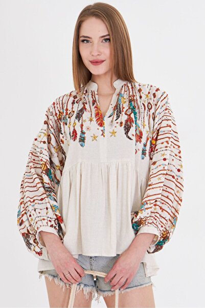 armonika Women's Cream Judge Collar Balloon Sleeve Blouse Arm-25Y 001052