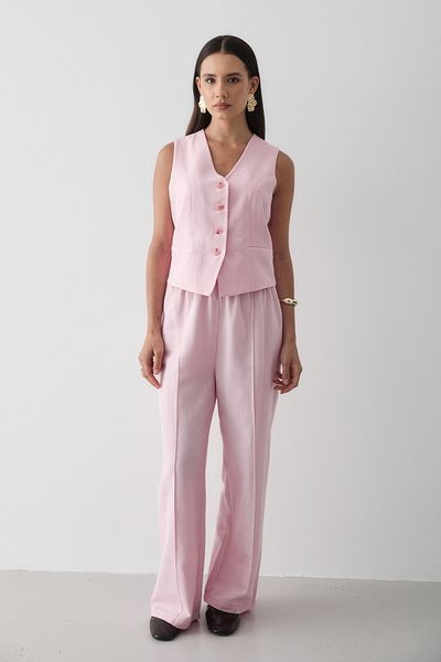 JASTE Women's Buttoned Vest & Palazzo Elastic Waist Trousers Linen Suit