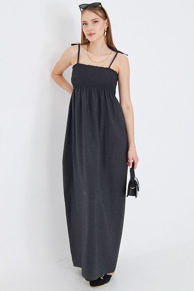armonika Women's Anthracite Straps Lace-Up Chest Gipe Elastic Long Dress Arm-25Y001069