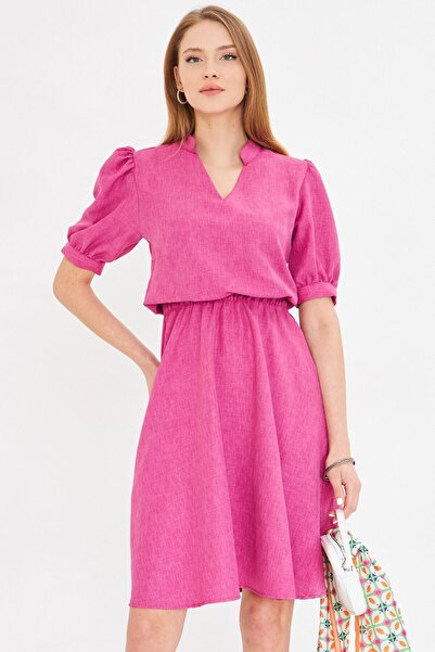 armonika Φούξια V λαιμόκοψη κοντό μανίκι ελαστικό φόρεμα με φουσκωτή μέση - ARM-25Y 001001