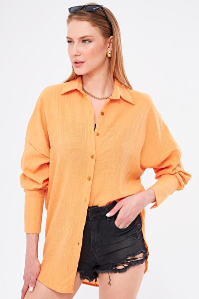 armonika Women's Mustard Oversize Textured Linen Look Wide Cuff Shirt ARM-24K001001