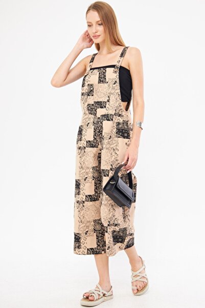 armonika Beige Patterned Women's Gardener Jumpsuit - ARM-24Y 001106