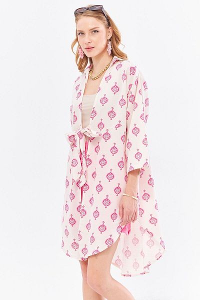 armonika Kimono midi cu model de in fuchsia - cravată față, ARM-24Y001096