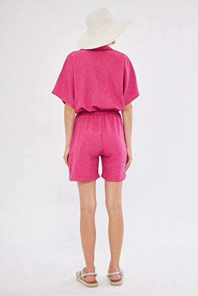 armonika Lilac Women's Jumpsuit - Shirt Collar, Pocket, Short Arm-24y 001113