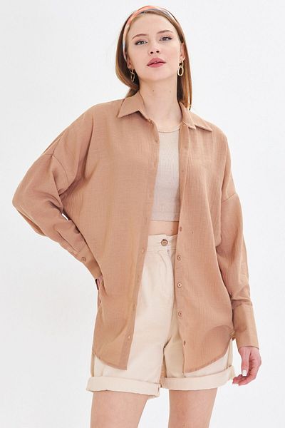 armonika Beigefarbenes Oversize-Hemd in strukturierter Leinenoptik mit breiten Manschetten für Damen ARM-24K001001