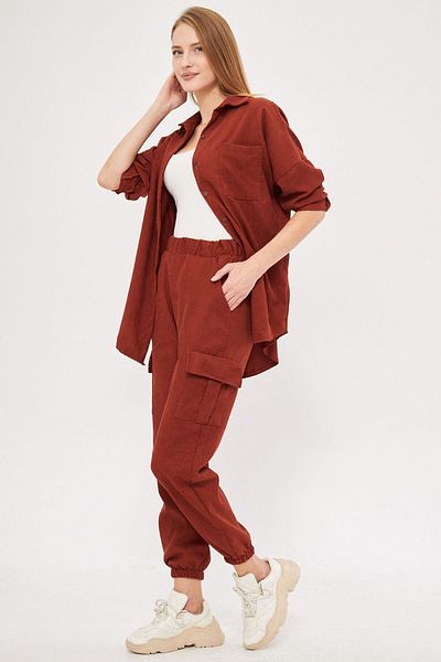 armonika Women's Brick Velvet Thin Corduroy Cargo Pants with Elastic Waist and Legs Arm-25K 001035