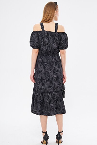 armonika Women's Anthracite Patterned Elastic Waist Strap Dress Arm-23y001053