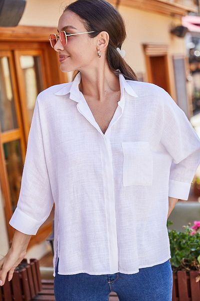 armonika Weißes, lockeres Leinenhemd für Damen mit Taschen ARM-21Y001035