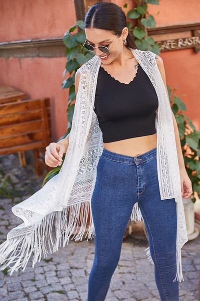 armonika Women's White Lace Tasseled Vest ARM-21K001257