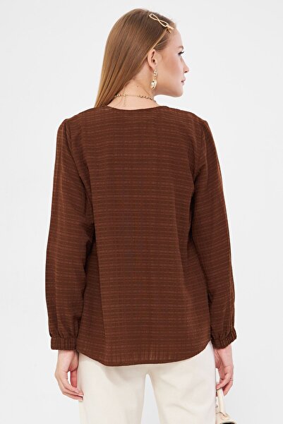 armonika Women's Wrap Brown Shirt - Elastic Sleeve ARM-24K 001002