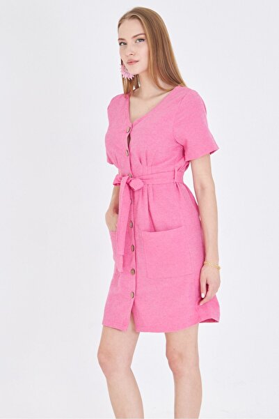 armonika Women's Fuchsia Button Belted Cuff Detail V Neck Dress Arm-23Y001026