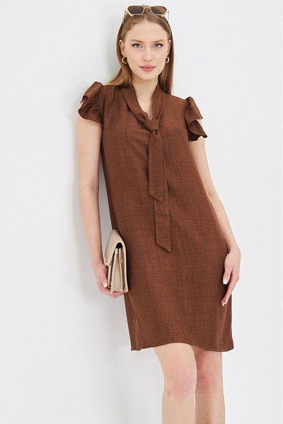 armonika Women's Coffee V-Neck Sleeves Ruffled Tie Detail Dress Arm-25Y 001022