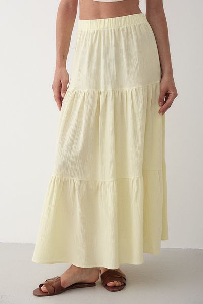 JASTE Women's Yellow Layered Gathered Elastic Waist Linen Skirt
