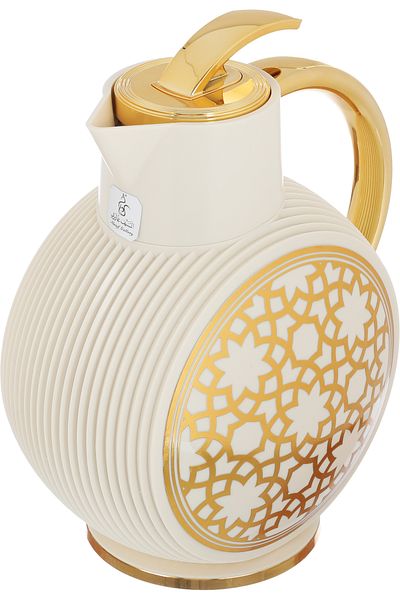 Alsaif Gallery Al Jawhara Thermos, Beige, Islamic Pattern, Golden Handle, 0.9 Liters