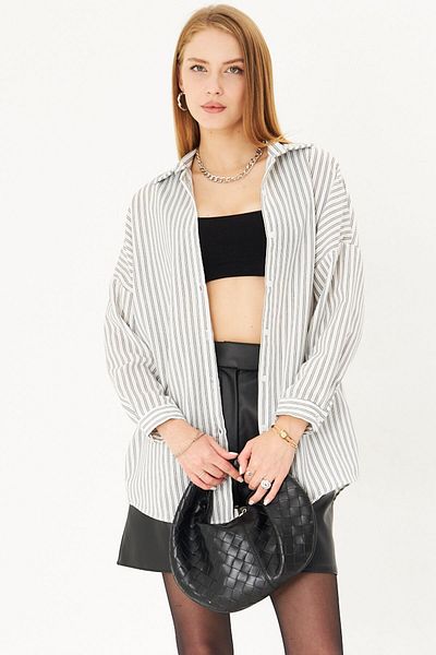 armonika Γυναικείο Λευκό-Μαύρο ριγέ Oversize Μακρύ Βασικό Πουκάμισο ARM-22Y 001185